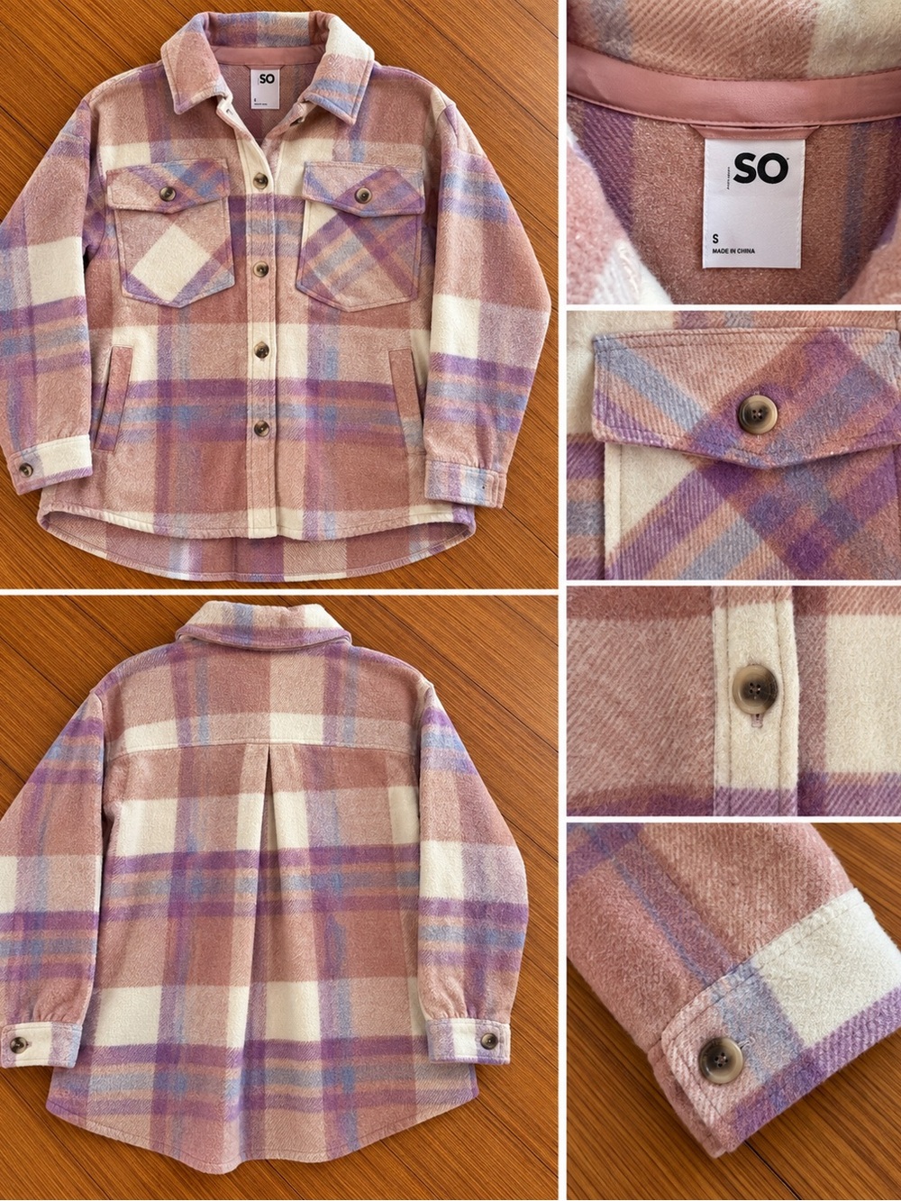 SO Women’s Small Pink Purple Plaid Oversized Shacket Shirt Jacket